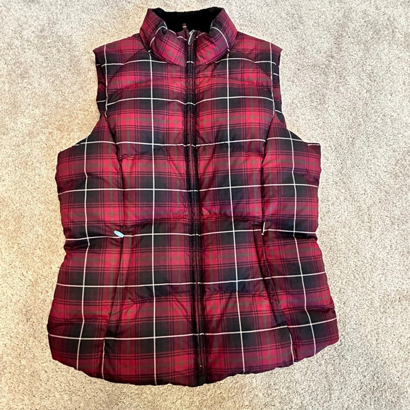 EDDIE BAUER Red Plaid Check Tartan quilted goose Down Puffer Vest Jacket EUC - Picture 5 of 13